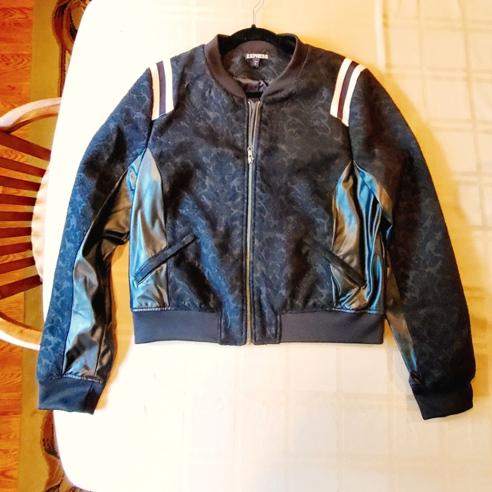Express Women's Y2K Varsity Jacket - Lace & Faux Leather - Fully Lined - NWOT Lg